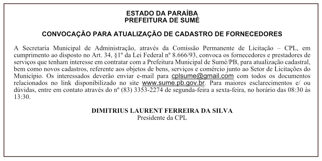 PREFEITURA DE SUMÉ – CONVOCAÇÃO PARA ATUALIZAÇÃO DE CADASTRO DE FORNECEDORES