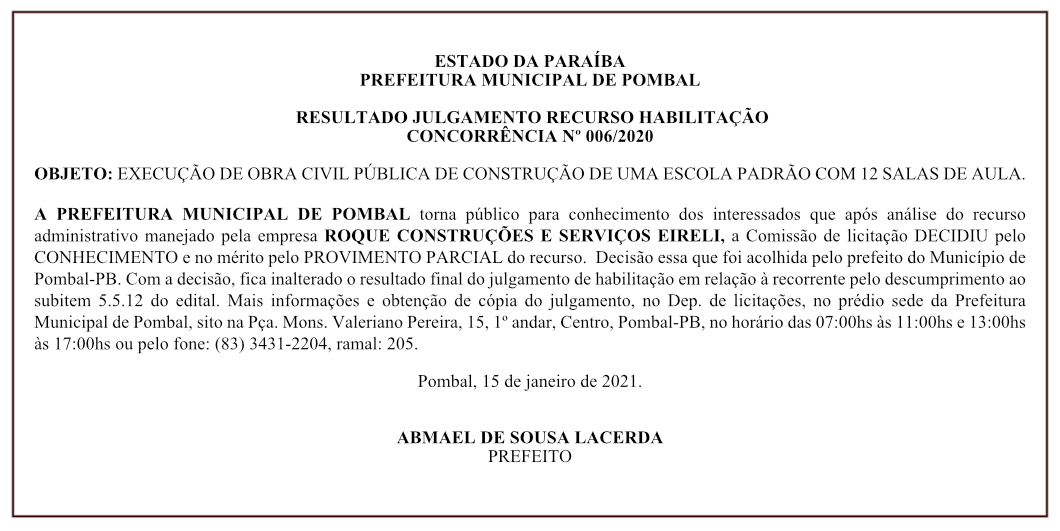 PREFEITURA MUNICIPAL DE POMBAL – RESULTADO JULGAMENTO RECURSO HABILITAÇÃO – CONCORRÊNCIA Nº 006/2020