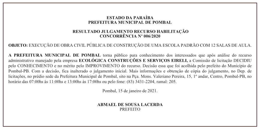 PREFEITURA MUNICIPAL DE POMBAL – RESULTADO JULGAMENTO RECURSO HABILITAÇÃO – CONCORRÊNCIA Nº 006/2020