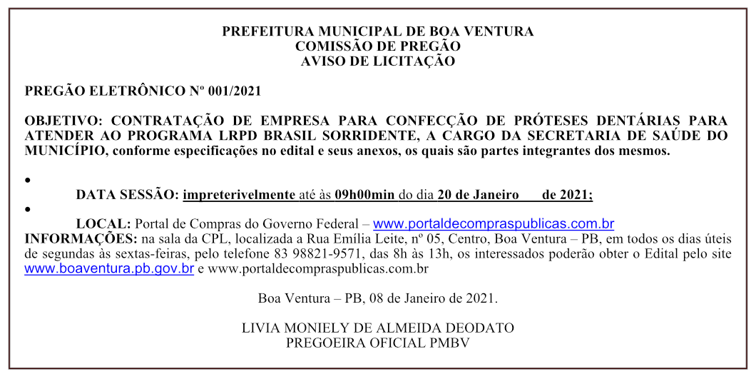PREFEITURA MUNICIPAL DE BOA VENTURA – AVISO DE LICITAÇÃO – PREGÃO ELETRÔNICO Nº 001/2021
