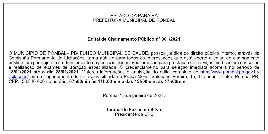 PREFEITURA MUNICIPAL DE POMBAL – EDITAL DE CHAMAMENTO PÚBLICO Nº 001/2021