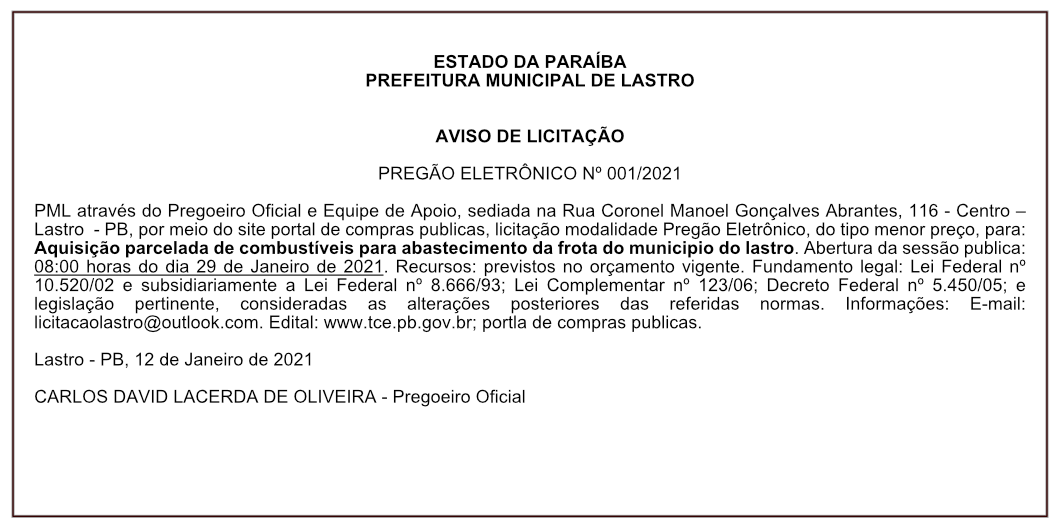 PREFEITURA MUNICIPAL DE LASTRO – AVISO DE LICITAÇÃO – PREGÃO ELETRÔNICO Nº 001/2021