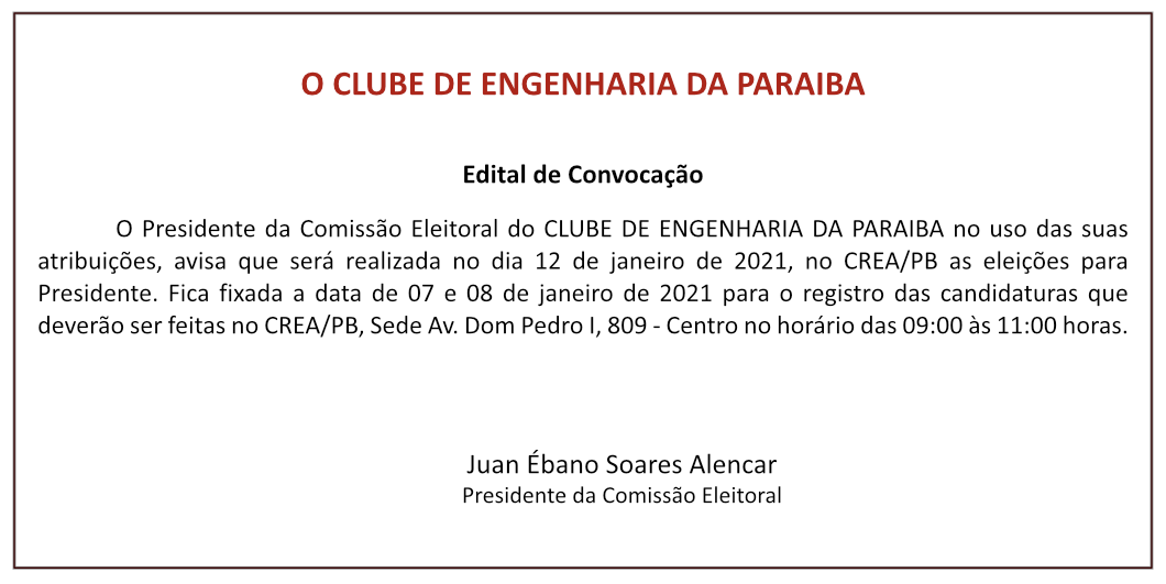 CLUBE DE ENGENHARIA DA PARAÍBA – EDITAL DE CONVOCAÇÃO
