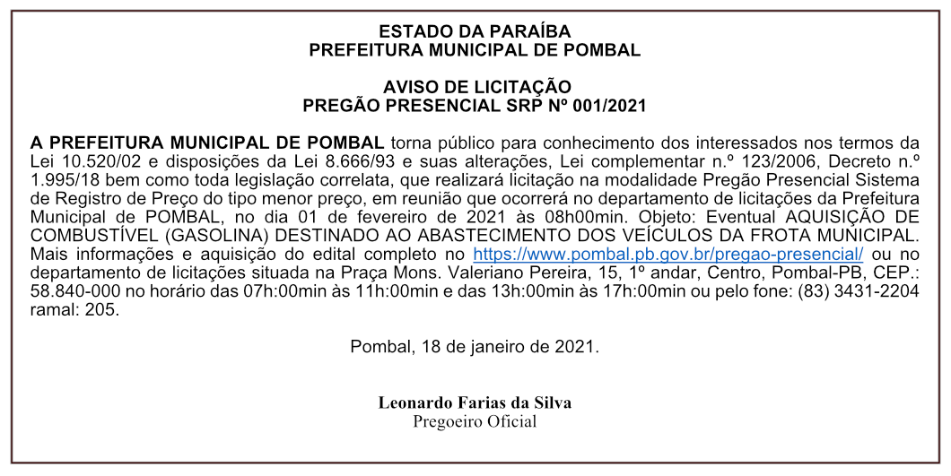PREFEITURA MUNICIPAL DE POMBAL – AVISO DE LICITAÇÃO – PREGÃO PRESENCIAL SRP Nº 001/2021
