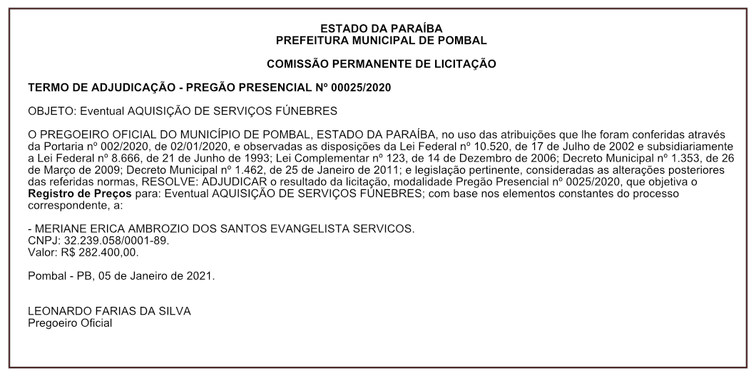 PREFEITURA MUNICIPAL DE POMBAL -TERMO DE ADJUDICAÇÃO – PREGÃO PRESENCIAL Nº 00025/2020