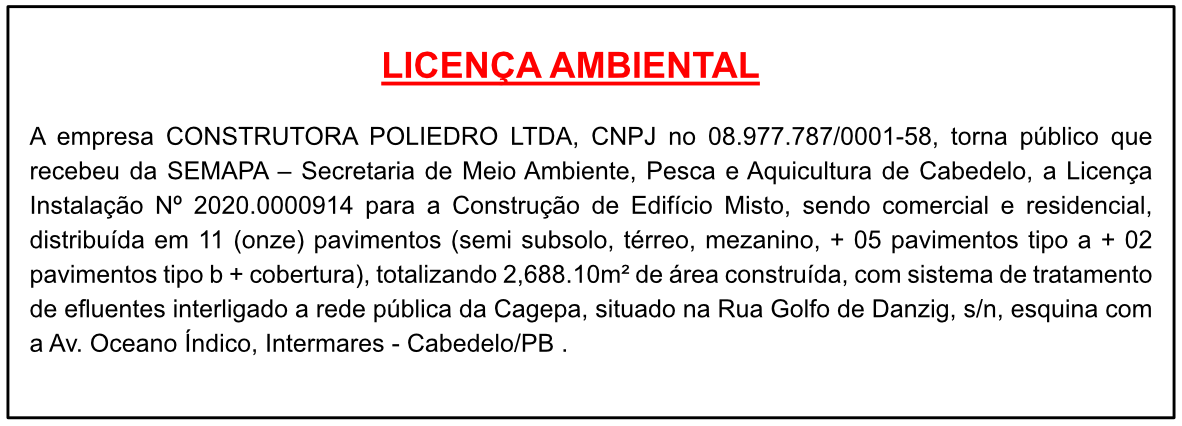 CONSTRUTORA POLIEDRO LTDA – LICENÇA DE INSTALAÇÃO