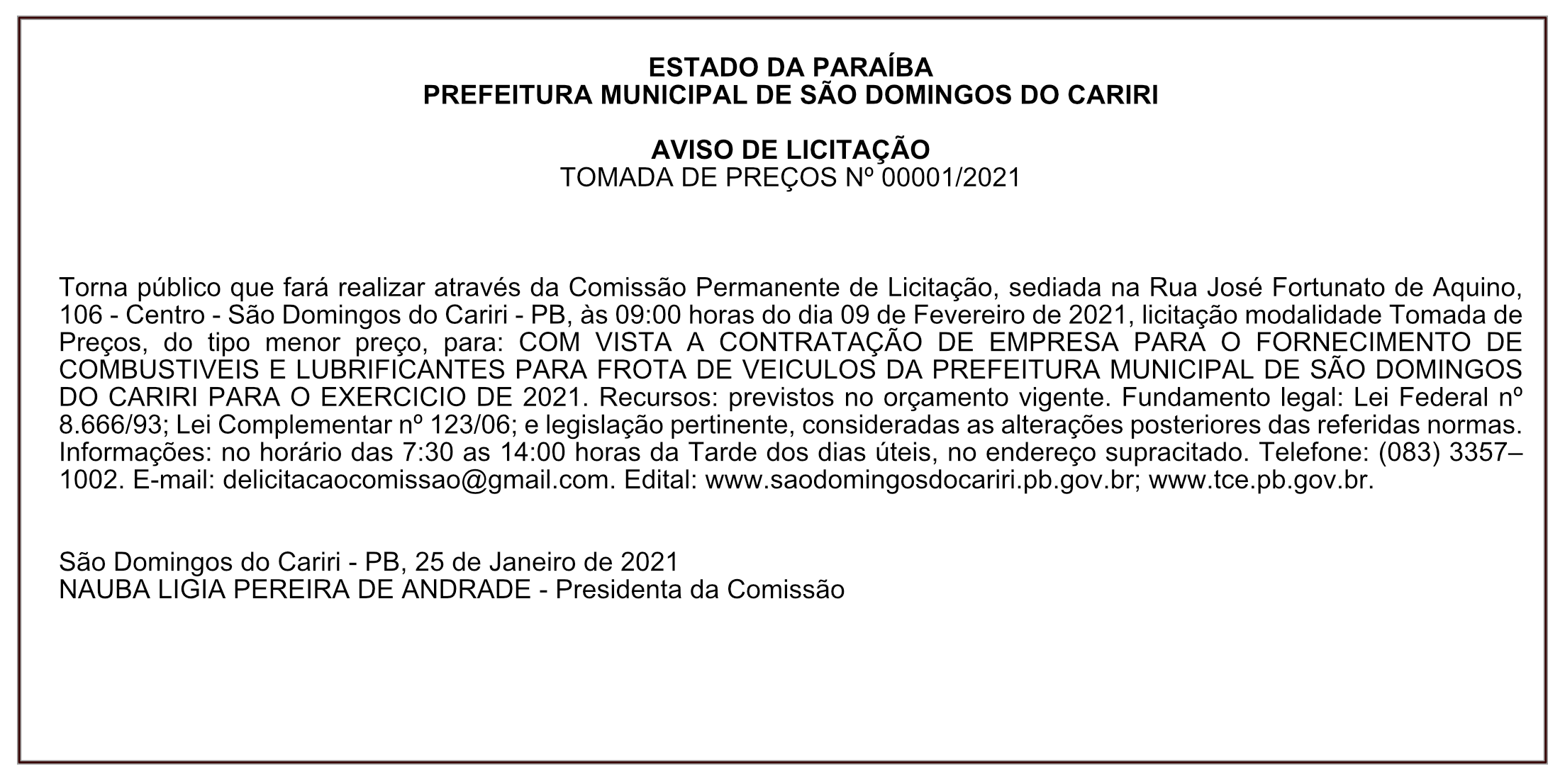 PREFEITURA MUNICIPAL DE SÃO DOMINGOS DO CARIRI – AVISO DE LICITAÇÃO – TOMADA DE PREÇOS Nº 00001/2021