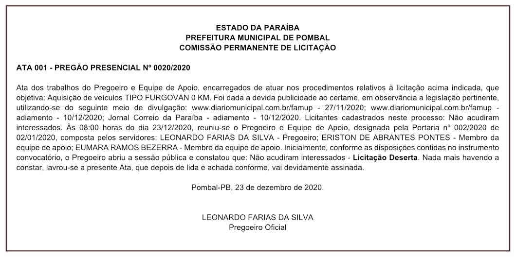 PREFEITURA MUNICIPAL DE POMBAL –  ATA 001 – PREGÃO PRESENCIAL Nº 0020/2020