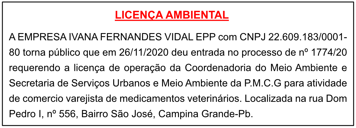 IVANA FERNANDES VIDAL EPP – LICENÇA AMBIENTAL