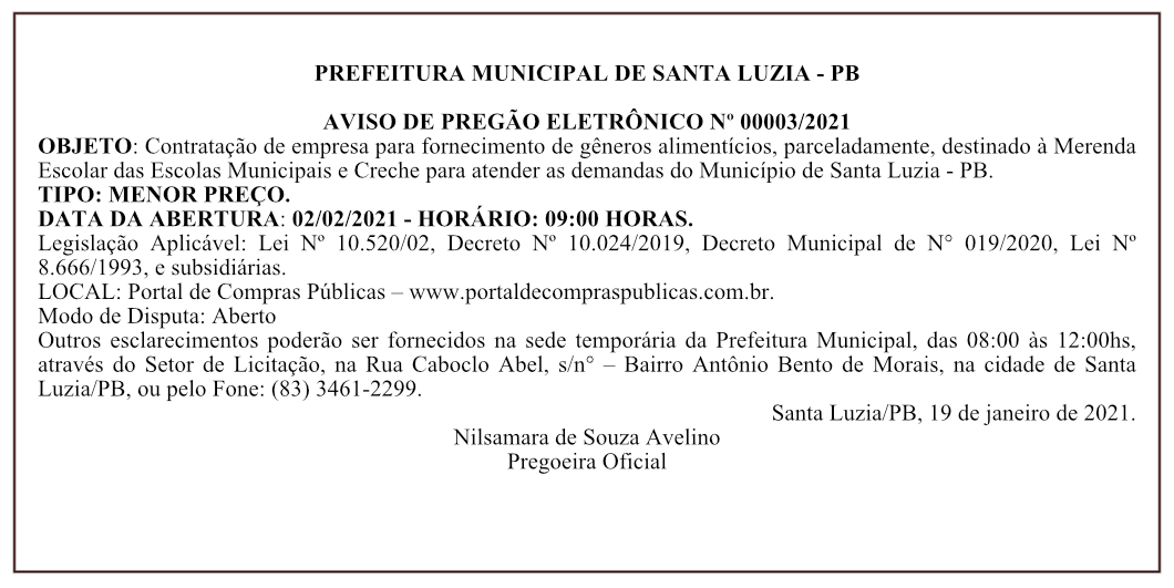 PREFEITURA MUNICIPAL DE SANTA LUZIA – AVISO DE PREGÃO ELETRÔNICO Nº 00003/2021