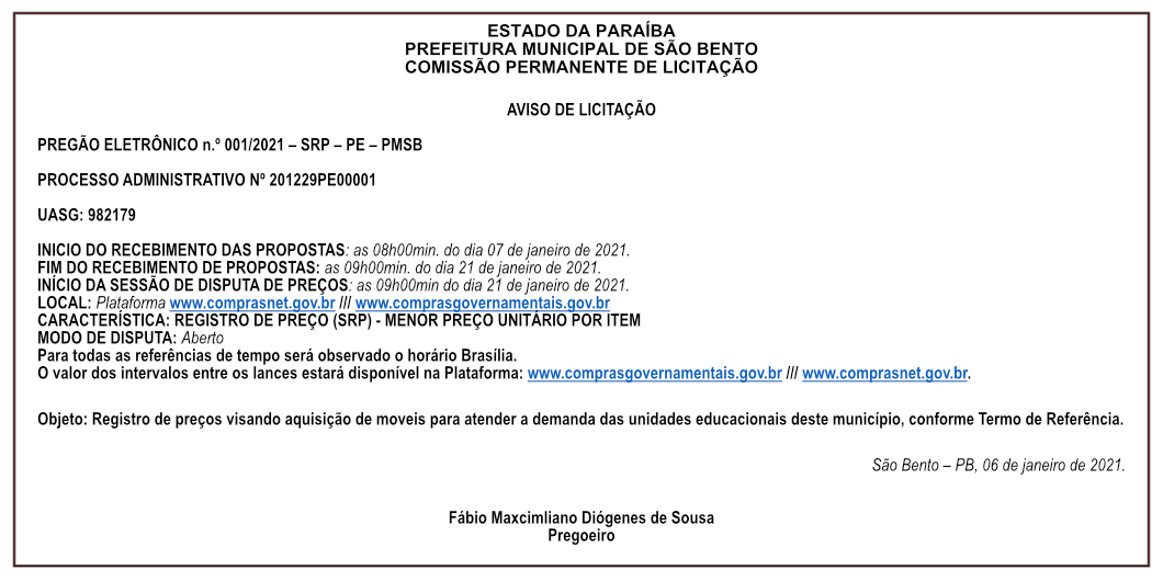PREFEITURA MUNICIPAL DE SÃO BENTO – AVISO DE LICITAÇÃO – PREGÃO ELETRÔNICO N.º 001/2021 – SRP – PE – PMSB