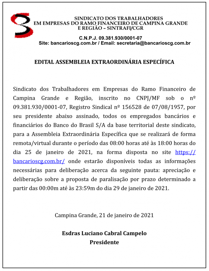 SINTRAFI/CGR – EDITAL ASSEMBLEIA EXTRAORDINÁRIA ESPECÍFICA