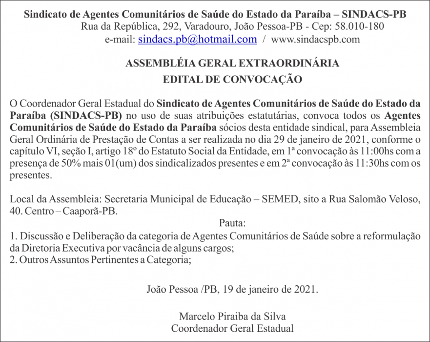 SINDACS-PB – ASSEMBLÉIA GERAL EXTRAORDINÁRIA – EDITAL DE CONVOCAÇÃO