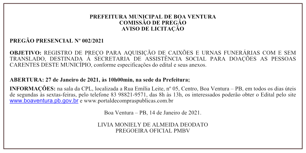 PREFEITURA MUNICIPAL DE BOA VENTURA – COMISSÃO DE PREGÃO – AVISO DE LICITAÇÃO – PREGÃO PRESENCIAL Nº 002/2021