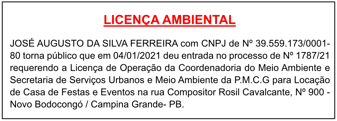 JOSÉ AUGUSTO DA SILVA FERREIRA – Licença de Operação