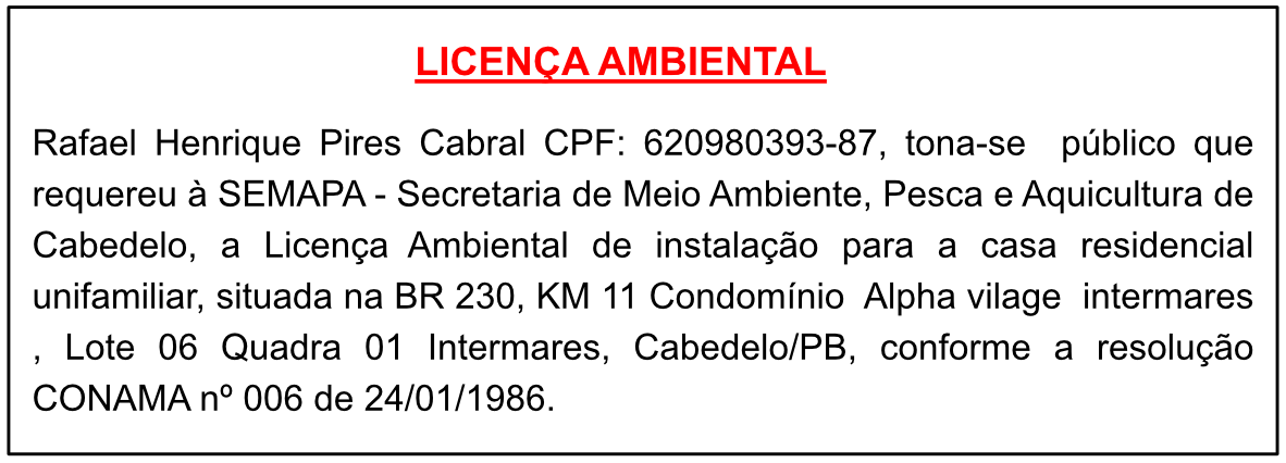 Rafael Henrique Pires Cabral – Licença Ambiental