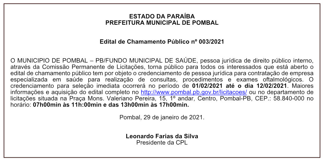PREFEITURA MUNICIPAL DE POMBAL – EDITAL DE CHAMAMENTO PÚBLICO Nº 003/2021