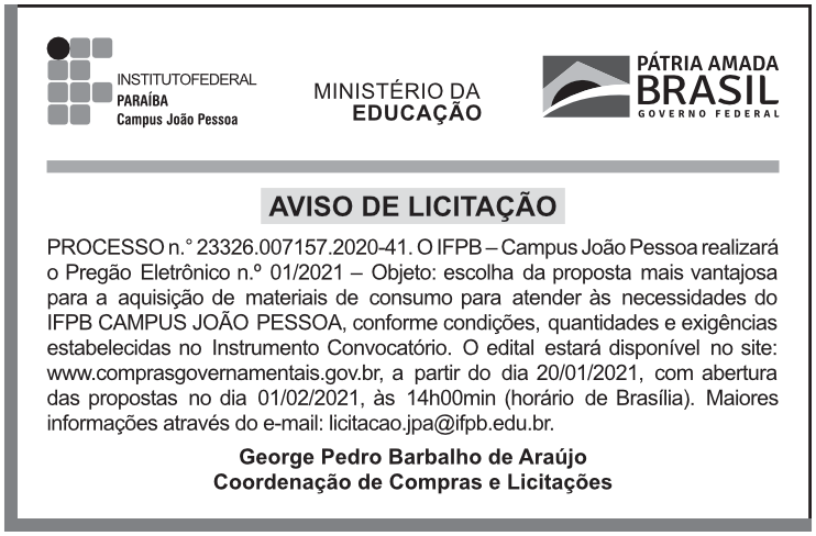 IFPB – AVISO DE LICITAÇÃO – PREGÃO ELETRÔNICO Nº 01/2021