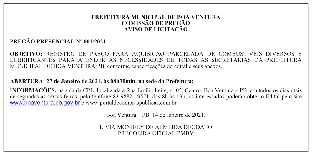 PREFEITURA MUNICIPAL DE BOA VENTURA – COMISSÃO DE PREGÃO – AVISO DE LICITAÇÃO – PREGÃO PRESENCIAL Nº 001/2021
