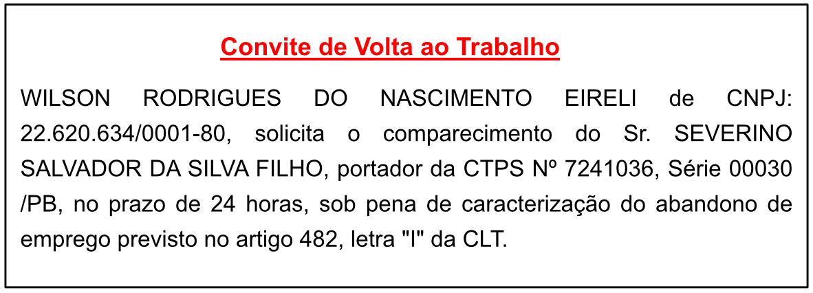 WILSON RODRIGUES DO NASCIMENTO EIRELI – CONVITE DE VOLTA AO TRABALHO