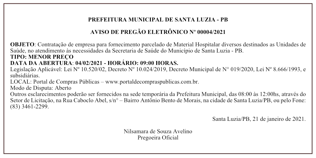 PREFEITURA MUNICIPAL DE SANTA LUZIA – AVISO DE PREGÃO ELETRÔNICO Nº 00004/2021