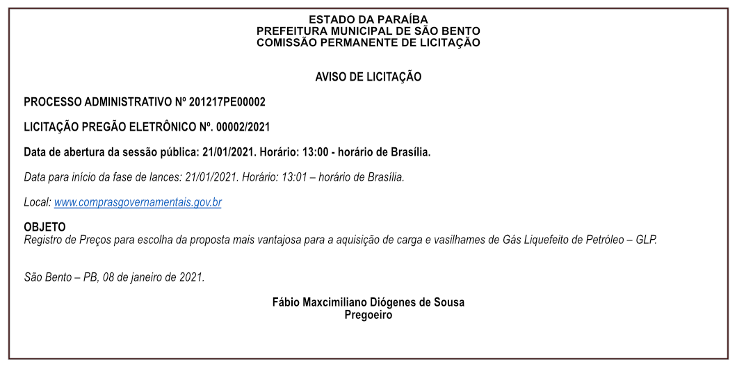 PREFEITURA MUNICIPAL DE SÃO BENTO – AVISO DE LICITAÇÃO – PREGÃO ELETRÔNICO Nº. 00002/2021