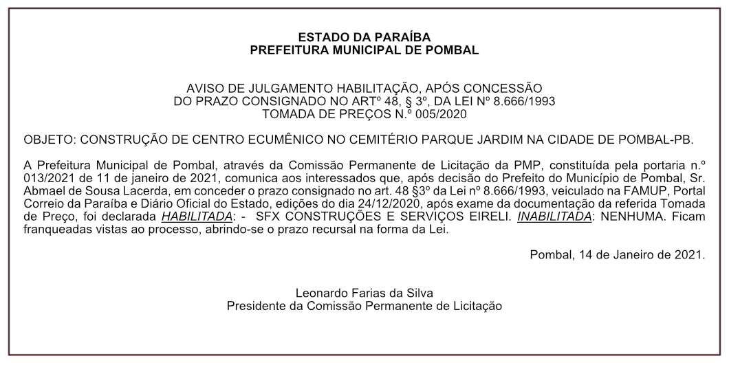 PREFEITURA MUNICIPAL DE POMBAL – AVISO DE JULGAMENTO HABILITAÇÃO – TOMADA DE PREÇO 005/2020