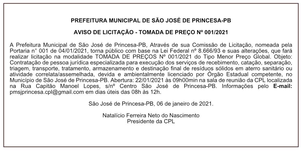 PREFEITURA MUNICIPAL DE SÃO JOSÉ DE PRINCESA-PB  – AVISO DE LICITAÇÃO – TOMADA DE PREÇO Nº 001/2021