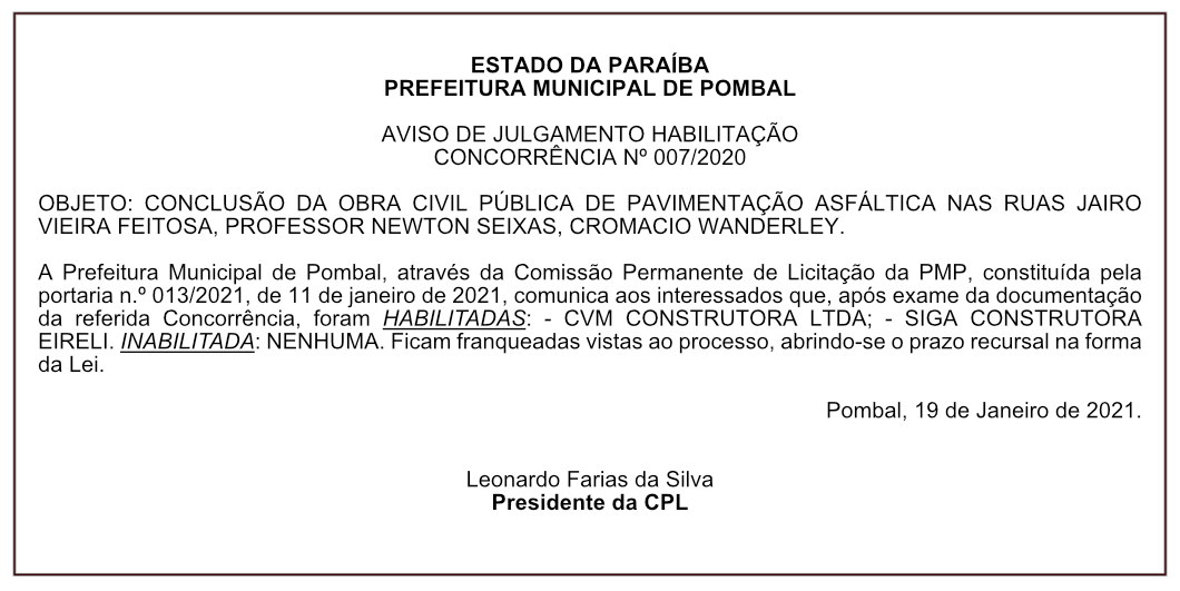 PREFEITURA MUNICIPAL DE POMBAL – AVISO DE JULGAMENTO HABILITAÇÃO – CONCORRÊNCIA Nº 007/2020