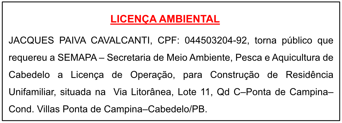 JACQUES PAIVA CAVALCANTI – LICENÇA DE OPERAÇÃO
