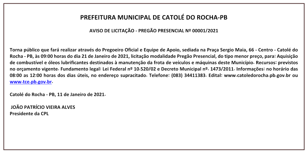 PREFEITURA MUNICIPAL DE CATOLÉ DO ROCHA-PB  – AVISO DE LICITAÇÃO – PREGÃO PRESENCIAL Nº 00001/2021
