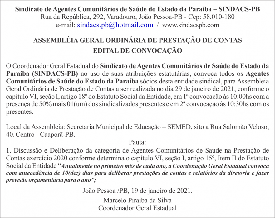 SINDACS-PB – ASSEMBLÉIA GERAL ORDINÁRIA DE PRESTAÇÃO DE CONTAS – EDITAL DE CONVOCAÇÃO
