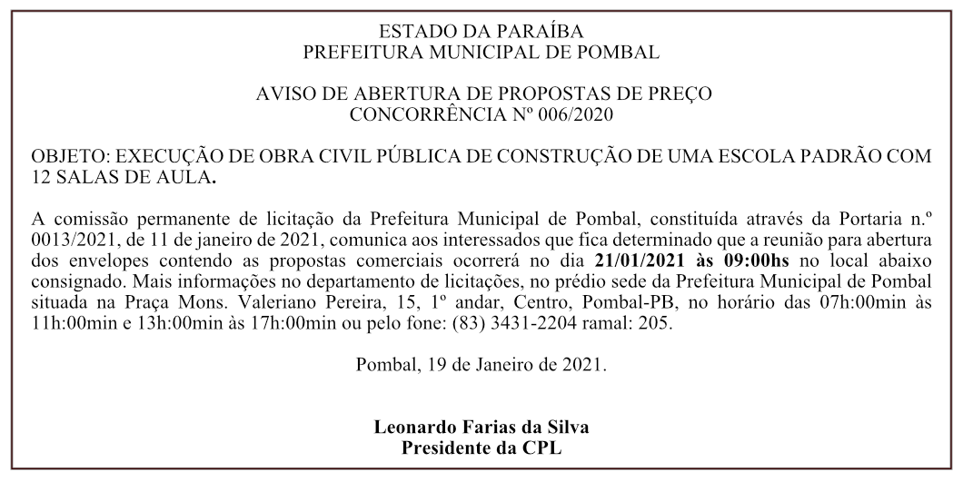 PREFEITURA MUNICIPAL DE POMBAL – AVISO DE ABERTURA DE PROPOSTAS DE PREÇO – CONCORRÊNCIA Nº 006/2020