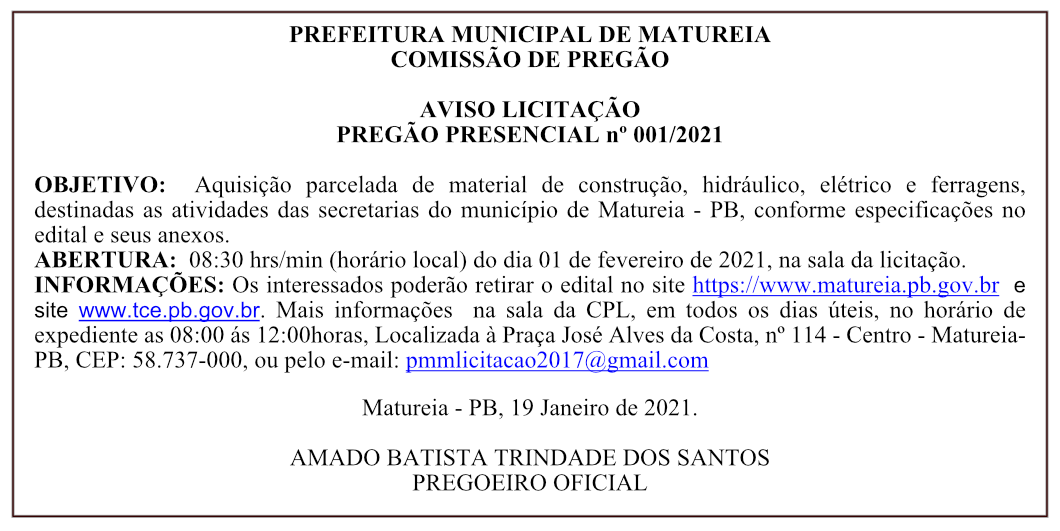PREFEITURA MUNICIPAL DE MATUREIA – AVISO LICITAÇÃO – PREGÃO PRESENCIAL nº 001/2021