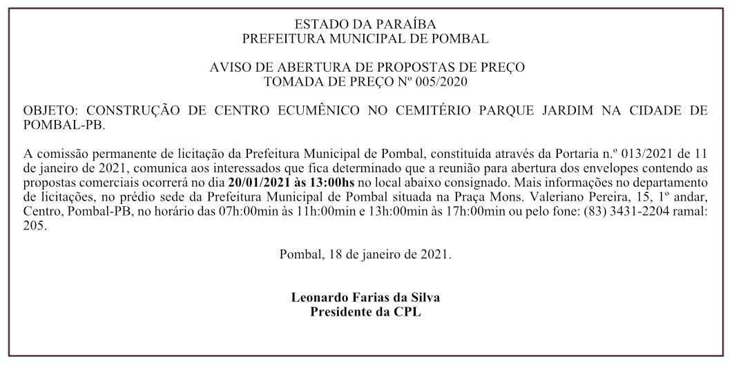 PREFEITURA MUNICIPAL DE POMBAL – AVISO DE ABERTURA DE PROPOSTAS DE PREÇO – TOMADA DE PREÇO Nº 005/2020
