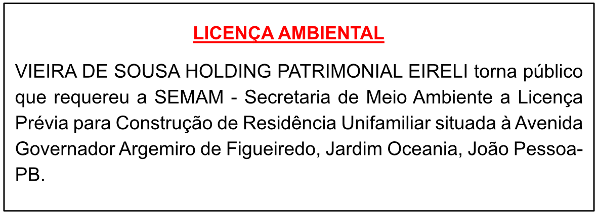 VIEIRA DE SOUSA HOLDING PATRIMONIAL EIRELI –  Licença Prévia