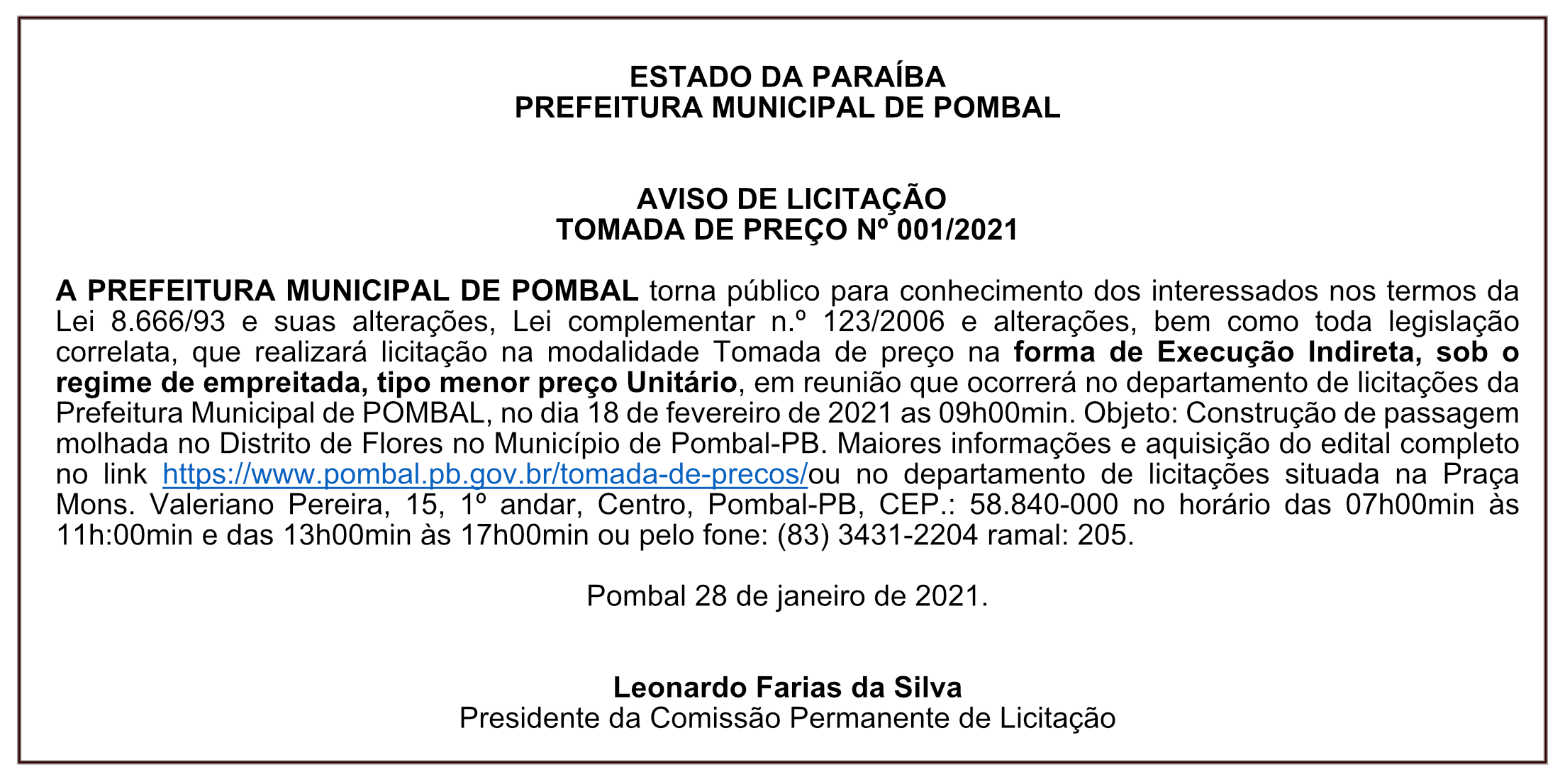 PREFEITURA MUNICIPAL DE POMBAL – AVISO DE LICITAÇÃO – TOMADA DE PREÇO Nº 001/2021