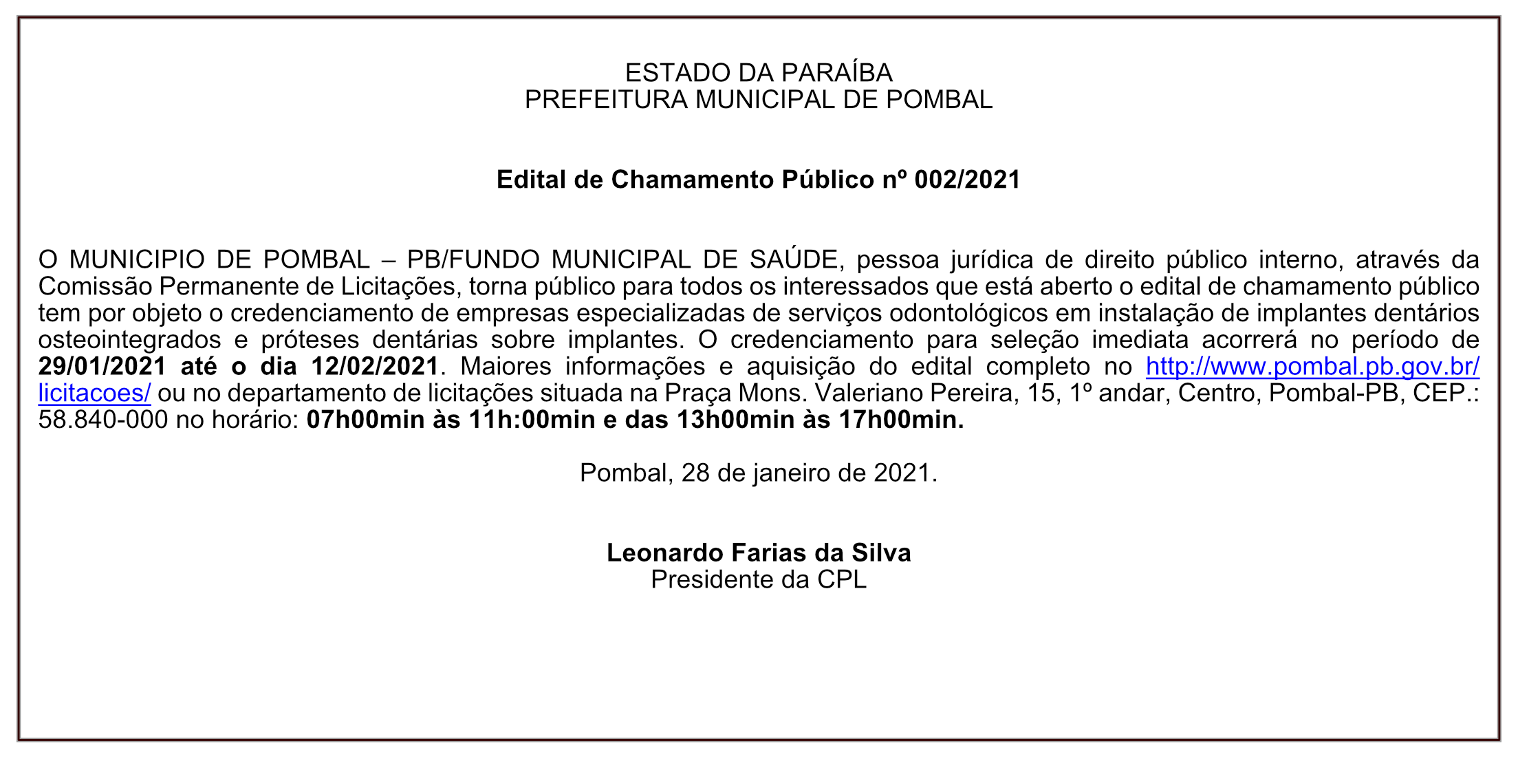 PREFEITURA MUNICIPAL DE POMBAL – Edital de Chamamento Público Nº 002/2021