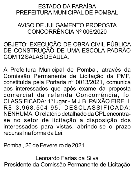 PREFEITURA MUNICIPAL DE POMBAL – AVISO DE JULGAMENTO PROPOSTA CONCORRÊNCIA Nº 006/2020