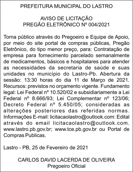 PREFEITURA MUNICIPAL DO LASTRO – AVISO DE LICITAÇÃO – PREGÃO ELETRÔNICO Nº 004/2021