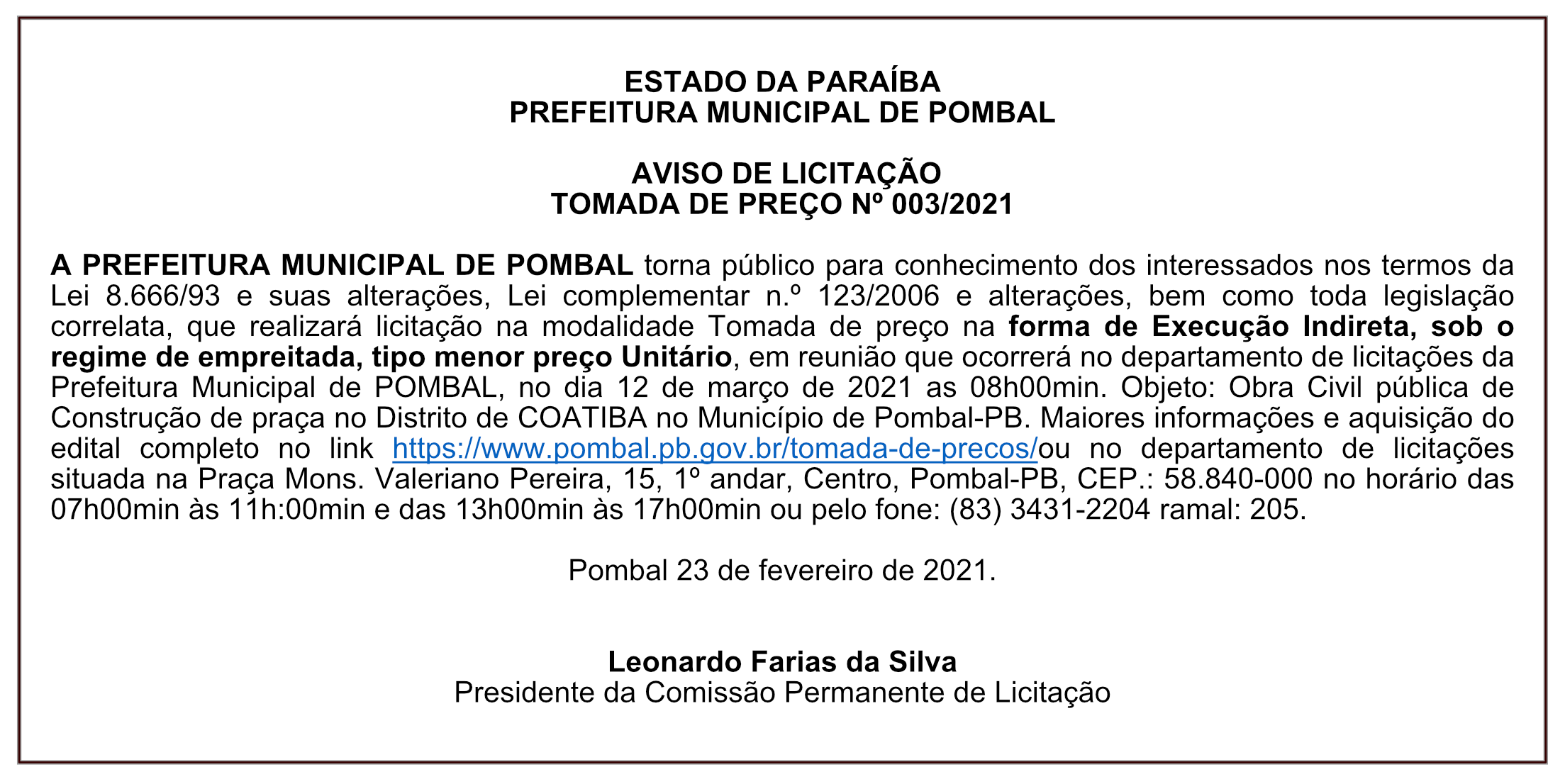 PREFEITURA MUNICIPAL DE POMBAL – AVISO DE LICITAÇÃO – TOMADA DE PREÇO Nº 003/2021