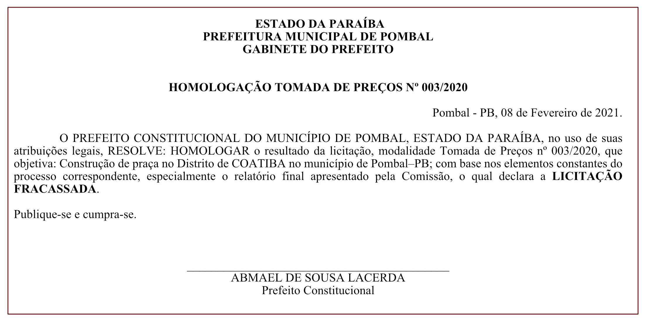 PREFEITURA MUNICIPAL DE POMBAL – GABINETE DO PREFEITO – HOMOLOGAÇÃO TOMADA DE PREÇOS Nº 003/2020