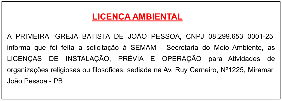 PRIMEIRA IGREJA BATISTA DE JOÃO PESSOA – Licença Ambiental