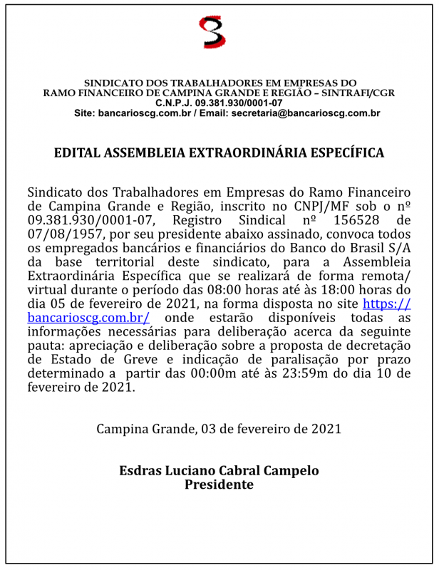 SINTRAFI/CGR – ASSEMBLEIA EXTRAORDINÁRIA ESPECÍFICA