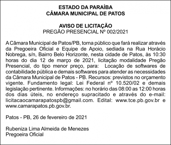 CÂMARA MUNICIPAL DE PATOS  – AVISO DE LICITAÇÃO – PREGÃO PRESENCIAL Nº 002/2021