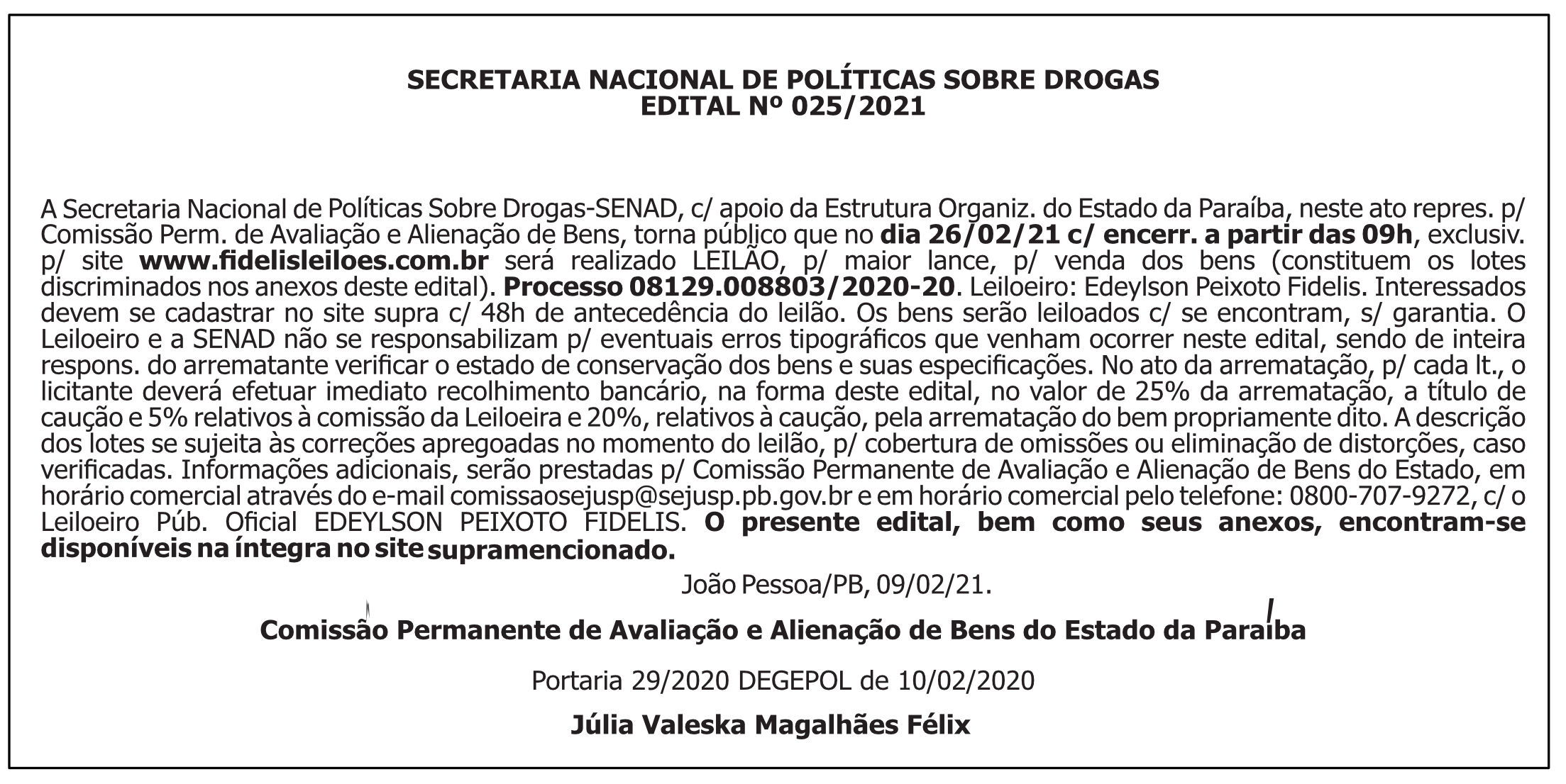 SENAD/PB – EDITAL Nº025/2021 – Leilão