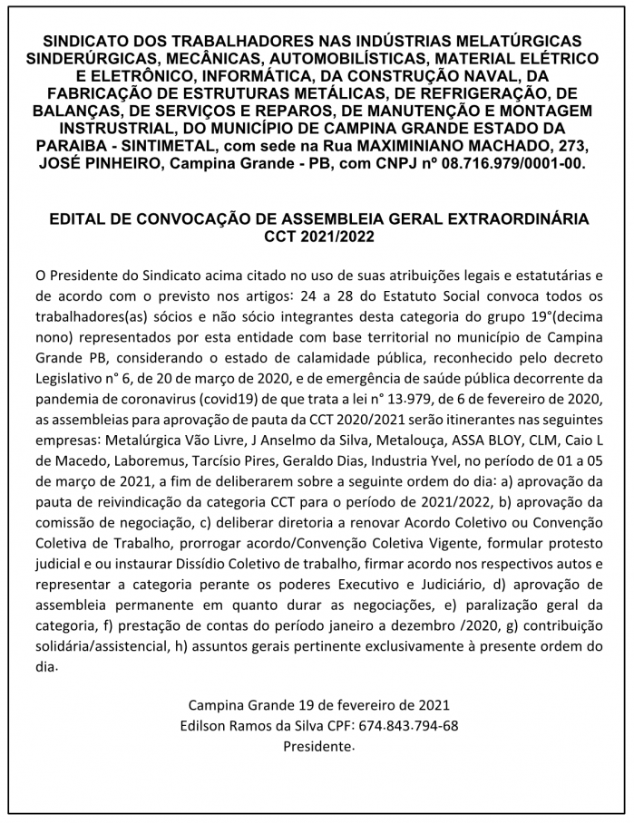 SINTIMETAL – EDITAL DE CONVOCAÇÃO DE ASSEMBLEIA GERAL EXTRAORDINÁRIA CCT 2021/2022