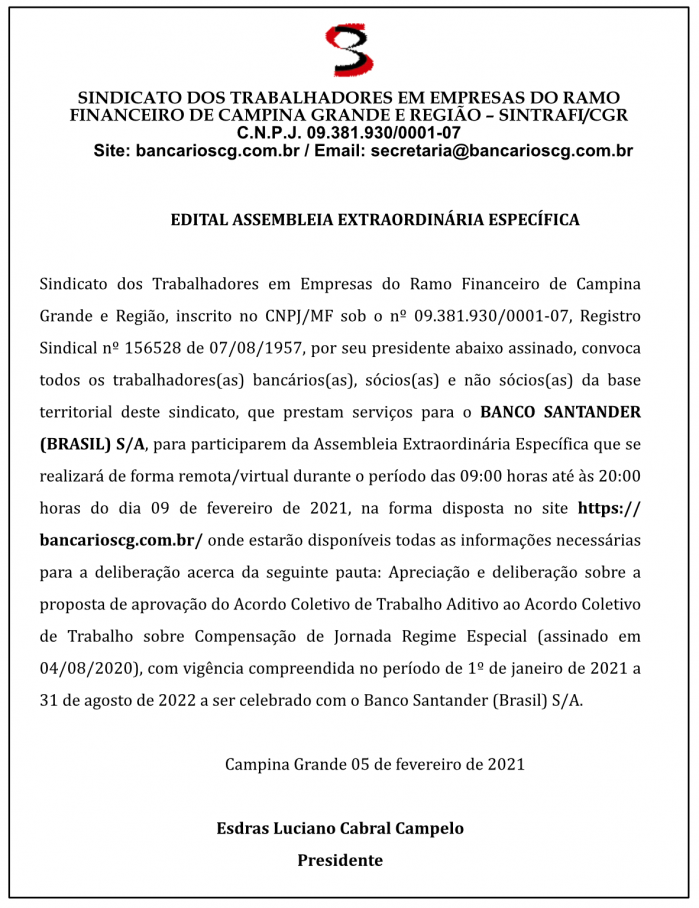 EDITAL ASSEMBLEIA EXTRAORDINÁRIA ESPECÍFICA – SINTRAFI/CGR