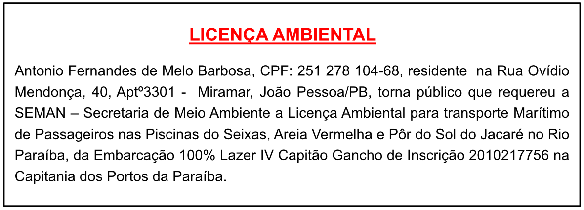 Antonio Fernandes de Melo Barbosa – Licença Ambiental