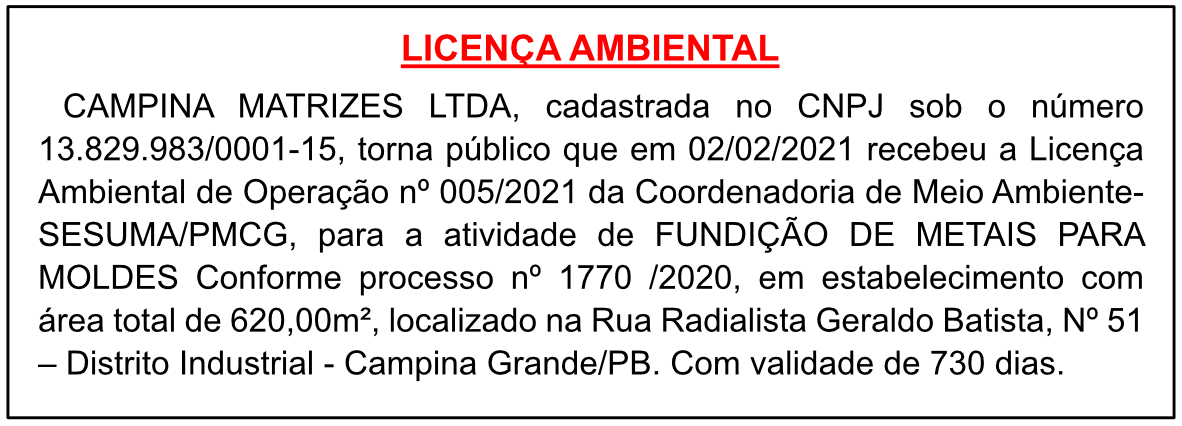 CAMPINA MATRIZES LTDA – LICENÇA AMBIENTAL